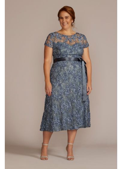 Plus Illusion Sleeve Soutache Tea Length Dress - Allover embroidered soutache fabric makes this plus size